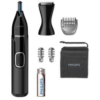 Trimmer pentru nas/urechi Philips NT5650/16, baterie, lavabil, utilizare umed si suscat, tehnologie Precision Trim, otel inoxidabil, pieptene pentru sprancene, 2 piepteni 3-5 mm, Negru