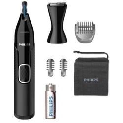 Trimmer pentru nas/urechi Philips NT5650/16, baterie, lavabil, utilizare umed si suscat, tehnologie Precision Trim, otel inoxidabil, pieptene pentru sprancene, 2 piepteni 3-5 mm, Negru