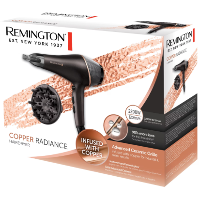 Uscator de par Remington, Copper Radiance, 2200W, Ionizare, grila ceramica, 3 setari temperatura, 2 viteze, Auriu/Negru