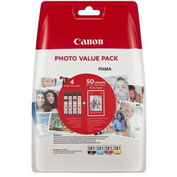 Pachet cartuse originale cerneala Canon CLI-581 negru, color si hartie foto 10x15 50 file