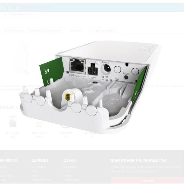 Mikrotik wAP R weatherproof 2.4Ghz wireless access point with a miniPCI-e slot, RBWAPR-2ND, 1* 10/100 Ethernet ports, 1* CPU core count, CPUnominal frequency: 650 MHz, RAM: 64 MB, Flash Storage: 16 MB, PoE in:Passive, 2* Wireless 2.4 GHz number of chains,