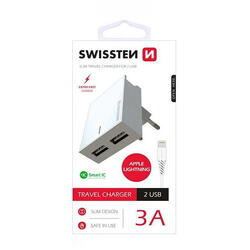 PHONE ACCESSORIES Swissten Smart IC / Set incarcator+Cablu USB to Lightning, 2xUSB, 3A, Cablu Lightning 1.2m, Suport telefon, Alb