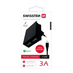 PHONE ACCESSORIES Swissten Smart IC / Set incarcator+Cablu USB to Lightning, 2xUSB, 3A, Cablu Lightning 1.2m, Suport telefon, Negru