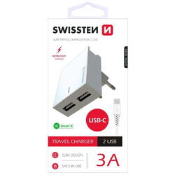 PHONE ACCESSORIES Swissten Smart IC / Set incarcator+Cablu USB to Type-C, 2xUSB, 3A, Cablu Type-C 1.2m, Suport telefon, Alb