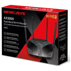 Mercusys Router, AX3000, MU-MIMO, Dual-Band, WPA3, Standarde wireless: Wi-Fi 802.11ax/ac/a/b/g/n, Rata semnal: 2402 Mbps (5 GHz) + 574 Mbps (2.4 GHz), Securitate Wireless:  WEP, WPA / WPA2-Personal, WPA2 / WPA3-Personal, Interfață: 1× Port WAN Gigabit + 3