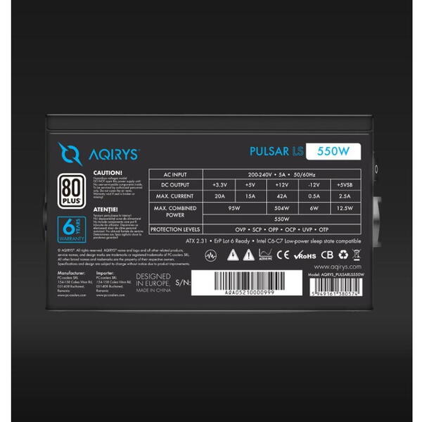Sursa Aqirys Pulsar LS 550W 80+ White certified, culoare neagra