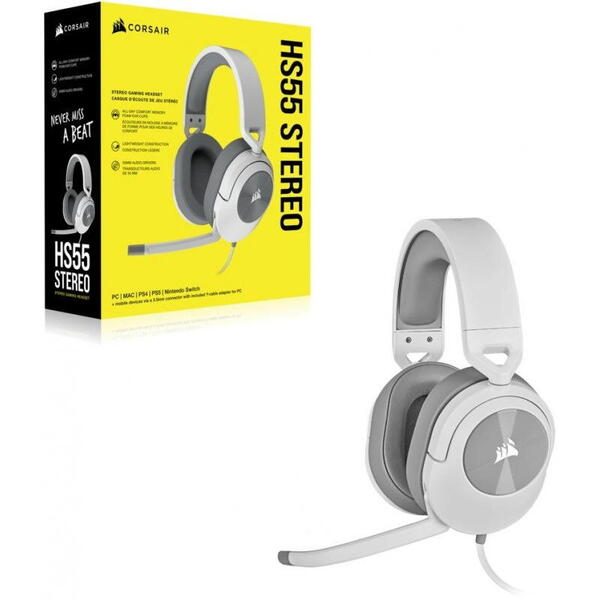 Casti cu microfon Corsair HS55 STEREO, Multi-platform Gaming and Mobile, 20Hz-20KHz, 32ohm, 114db, driver 50mm, alb