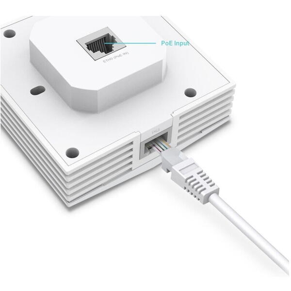 TP-Link Wireless Access Point EAP650-WALL, AX3000 Wireless Dual Band Indoor, 1× 10/100/1000 Mbps Ethernet Port, 1× 10/100/1000 Mbps Ethernet Port, Alimentator: 802.3af/at PoE, 2X antene interne, 5 GHz: Up to 2402 Mbps, 2.4 GHz: Up to 574 Mbps.