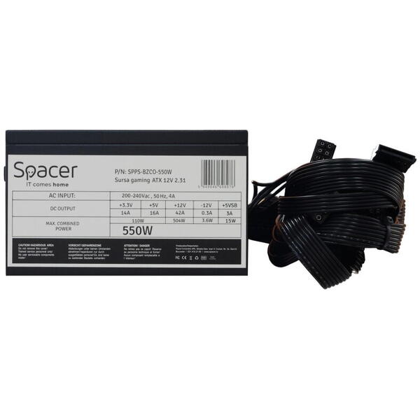 Sursa Spacer ATX BZCO-550 80+ Bronze compatible, 550w, fan 120mm, 2x PCI-E (6+2), 6x S-ATA, 2x P8 (4+4), „SPPS-BZCO-550”