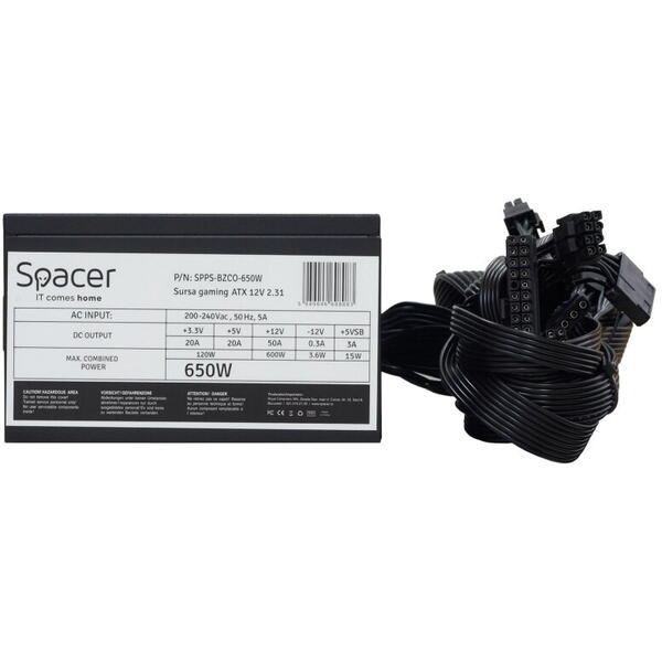 Sursa Spacer ATX BZCO-650 80+ Bronze compatible, 650w, fan 120mm, 2x PCI-E (6+2), 6x S-ATA, 2x P8 (4+4), „SPPS-BZCO-650”