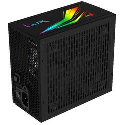 Sursa Aerocool Lux RGB 650 650W iluminare RGB, certificata 80 PLUS Bronze eficienta 88%, iluminare RGB, single rail (50A),ventilator silentios de 120mm cu control termic automat, 2x 6+2pin PCIE, 5x SATA, 3x Molex, 1x 4+4pin EPS12V (lungime 550mm), 1x24pin