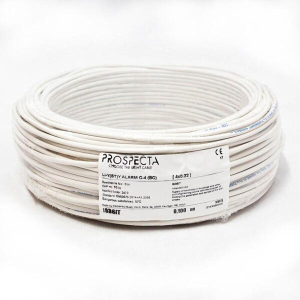 PROSPECTA Cablu alarma 4 x 0.22 premium, cupru 100%, cod: I036IT, Li-Y(ST)Y, made in Italy, utilizare pentru sisteme de alarma, manta exterioara PVC alb, ecranare: folie de aluminiu laminata, raza de curbura 10x diametru, Peak Operating Voltage 250, Voltage Rating