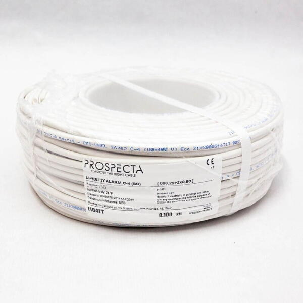 PROSPECTA Cablu alarma 8 x 0.22 + 2 x 0.50 premium, cupru 100%, cod: I104IT Li-Y (ST)Y, made in Italy, utilizare pentru sisteme de alarma, manta exterioara PVC alb, ecranare: folie de aluminiu laminata, raza de curbura 10x diametru, Peak Operating Voltage 250, Volt