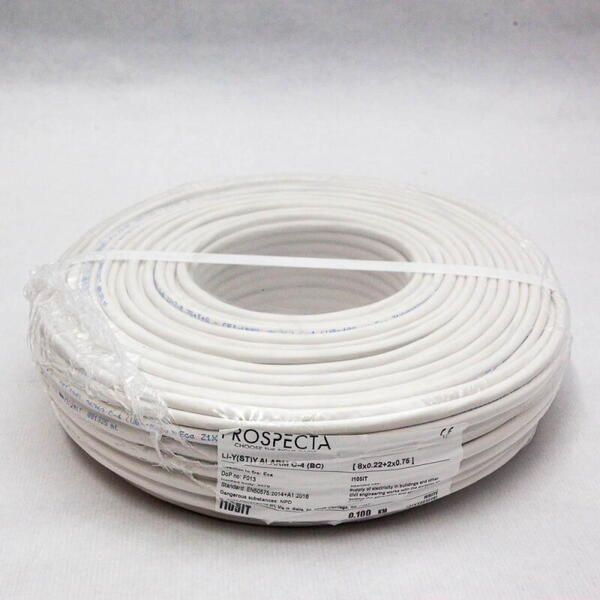 PROSPECTA Cablu alarma 8 x 0.22 + 2 x 0.75 premium, cupru 100%, cod: I105ITLi-Y (ST)Y, made in Italy, utilizare pentru sisteme de alarma, manta exterioara PVC alb, ecranare: folie de aluminiu laminata, raza de curbura 10x diametru, Peak Operating Voltage 250, Volta