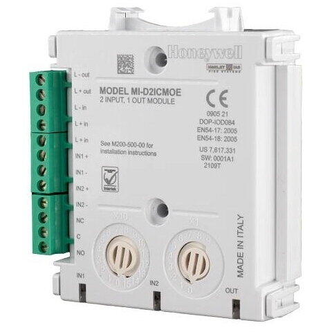 Honeywell Morley-IAS Modul 2 intrări si 1 ieșire MI/D2ICMOE, cu izolator; Curent maxim in standby 140 µA @ 24 VDC (fara comunicari); Tensiune de operare 15-32 VDC; Optiune de montare pe sina DIN;Indicator stare LED tricolor;Standard EN54-17, EN54-18; Clas
