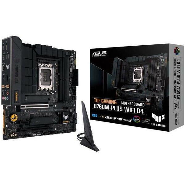 Placa de baza ASUS TUF B760M-PLUS WIFI LGA1700, 4x DDR5, 1x DisplayPort, 1x HDMI, 2x PCIe x16, 1x PCIe x1, 2x M.2, WIFI 6, 2.5Gbps LAN, ATX
