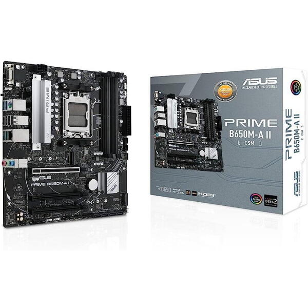 Placa de baza Asus Prime B650M-A II AM5, 4x DDR5, 1x DisplayPort, 1x VGA, 1x HDMI, 3x PCIe x16, 2x M.2, 4x SATA 6Gbps, 2.5Gbps LAN, mATX