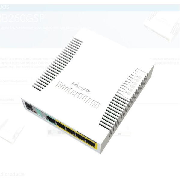 MIKROTIK SMALL SOHO SWITCH RB260GSP CSS106-1G-4P-1S, 5 X GIGABIT POE, Dimensiuni: 113x139x28mm, Sistem operare: MikroTik SwOS, 128Kb Flash, Consum maxim: 53W, Porturi POE:2-5, Passive POE, 5 x 10/100/1000, 1 x SFP.