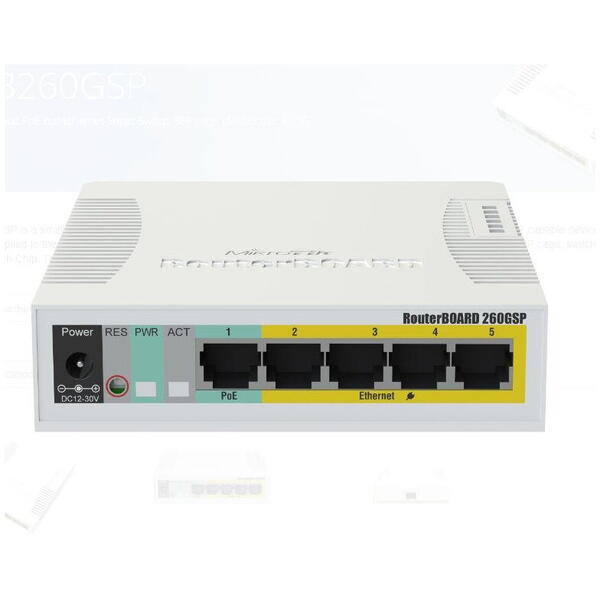 MIKROTIK SMALL SOHO SWITCH RB260GSP CSS106-1G-4P-1S, 5 X GIGABIT POE, Dimensiuni: 113x139x28mm, Sistem operare: MikroTik SwOS, 128Kb Flash, Consum maxim: 53W, Porturi POE:2-5, Passive POE, 5 x 10/100/1000, 1 x SFP.