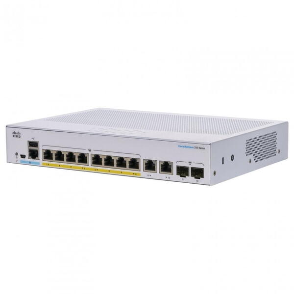 Switch  CISCO CBS250-8P-E-2G, 8 PORTURI 10/100/1000, 2 x SFP, POE 60w, Buffer: 1.5 Mb, Flash 256Mb, CPU: 800 MHz ARM , DRAM: 512 MB Dimensiuni: 268 x 185 x 44 mm, Greutate: 1.53 Kg, Consum fara POE: 220V-14.38 W, cu POE: 80.86W, Fanless, Rack-mount.