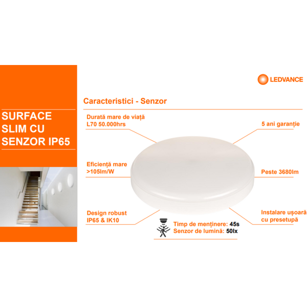 Plafoniera LED pentru baie cu senzor de miscare Ledvance SURFACE SLIM SQUARE 200, 19W, 2000 lm, lumina neutra (4000K), IP65/IK10, 200x200x55mm, Alb