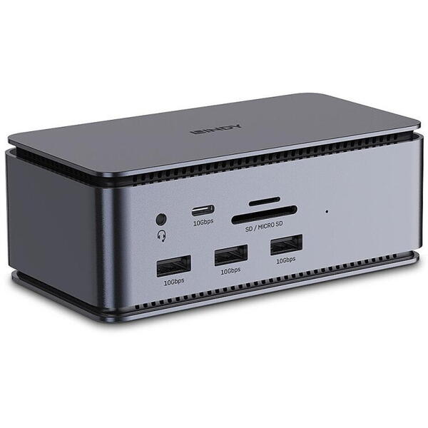 Docking station Lindy, interfete: USB-C la 6x USB-A/ 1x USB-C/1x RJ45/ 1x DisplayPort/1x HDMI/ 1x SD & 1x Micro SD/ 1x 3,5 mm/ 1x USB-C PD(power delivery), latime de banda 10Gbps, 10/100/1000 Mbps, rezolutie maxima (intrare) 7680x4320@60Hz, rezolutie maxi