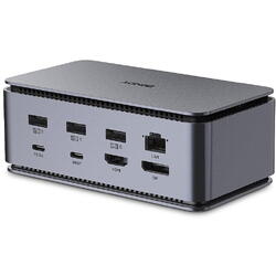 Docking station Lindy, interfete: USB-C la 6x USB-A/ 1x USB-C/1x RJ45/ 1x DisplayPort/1x HDMI/ 1x SD & 1x Micro SD/ 1x 3,5 mm/ 1x USB-C PD(power delivery), latime de banda 10Gbps, 10/100/1000 Mbps, rezolutie maxima (intrare) 7680x4320@60Hz, rezolutie maxi