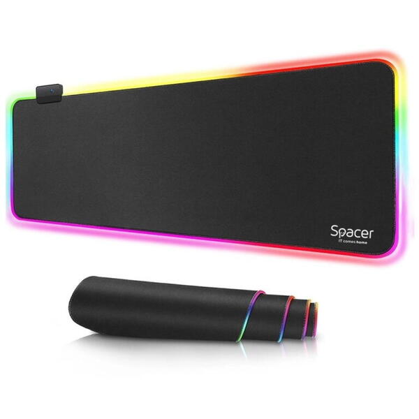 Mousepad Spacer RGB gaming, cauciuc si material textil, 900 x 300 x 3 mm, 1.8 m lungime cablu, 13 moduri de iluminare, statice si dinamice, negru/rgb