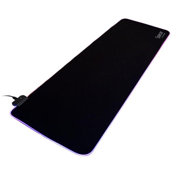 Mousepad Spacer RGB gaming, cauciuc si material textil, 900 x 300 x 3 mm, 1.8 m lungime cablu, 13 moduri de iluminare, statice si dinamice, negru/rgb