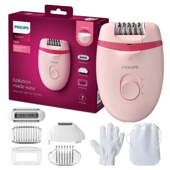 Epilator Philips Satinelle BRE285/00, 2 trepte de viteza, Maner ergonomic, Opti-light, Cap de epilare lavabil, Roz