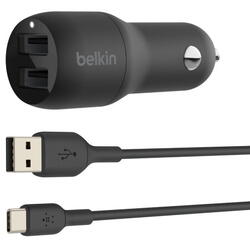 Belkin BOOST CHARGE Car Charger Dual USB-A 24W + USB-A to USB-C Cable - Black