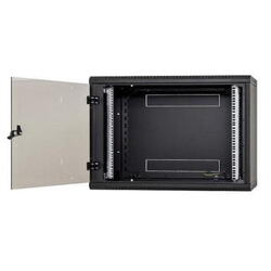 Rack de perete Triton sectiune simpla 12U 500mm adancime usa sticla panouri laterale fixe sectiuni ventilatie activa, sectiuni acces cabluri sus/jos/spate securizare cu cheie, 1 pereche montanti reglabili IP30 gri