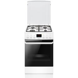 Aragaz mixt Hansa FCMW582109, cuptor electric, 50 cm, 4 arzatoare, 8 functii, grill, ventilator, aprindere electrica, gratare fonta, sertar depozitare, capac email, 62 L, clasa A, alb