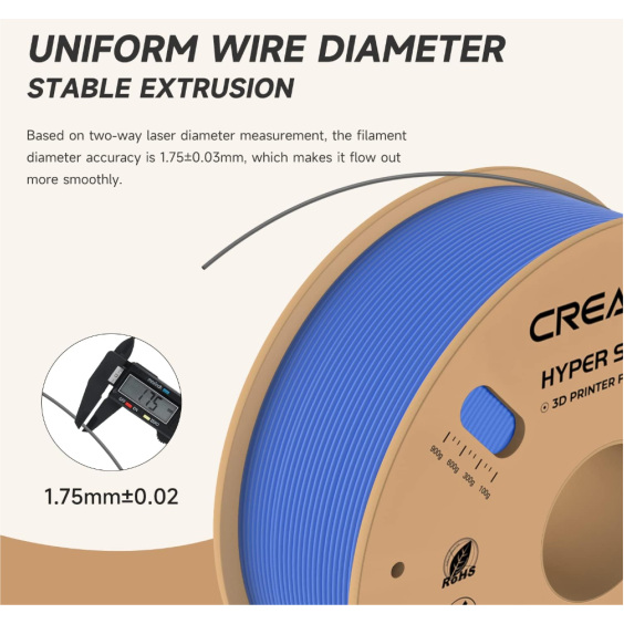 CREALITY HYPER PLA 3D Printer Filament, Blue, Temperatura printare: 200-220 grade celsius, Diametru filament: 1.75mm, Tensile strength: 52.99MPa, Bending strenght:92.38Mpa Dimensiuni rola filament: Diametru 200mm, inaltime 70mm, gaura centrala 56mm, vitez