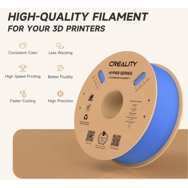 CREALITY HYPER PLA 3D Printer Filament, Blue, Temperatura printare: 200-220 grade celsius, Diametru filament: 1.75mm, Tensile strength: 52.99MPa, Bending strenght:92.38Mpa Dimensiuni rola filament: Diametru 200mm, inaltime 70mm, gaura centrala 56mm, vitez