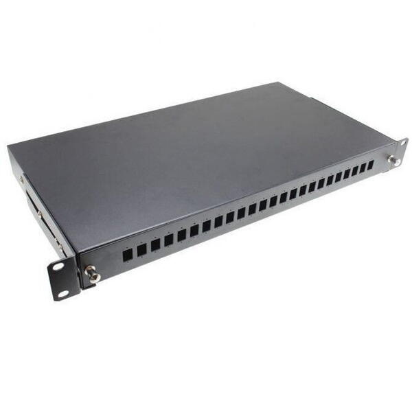 Patch panel FO cu sina glisanta 24 porturi LC duplex / SC simplex, 1U, caseta sudura 24, tub termo, accesorii prindere, neechipat, negru - EMTEX