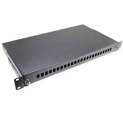 Patch panel FO cu sina glisanta 24 porturi LC duplex / SC simplex, 1U, caseta sudura 24, tub termo, accesorii prindere, neechipat, negru - EMTEX