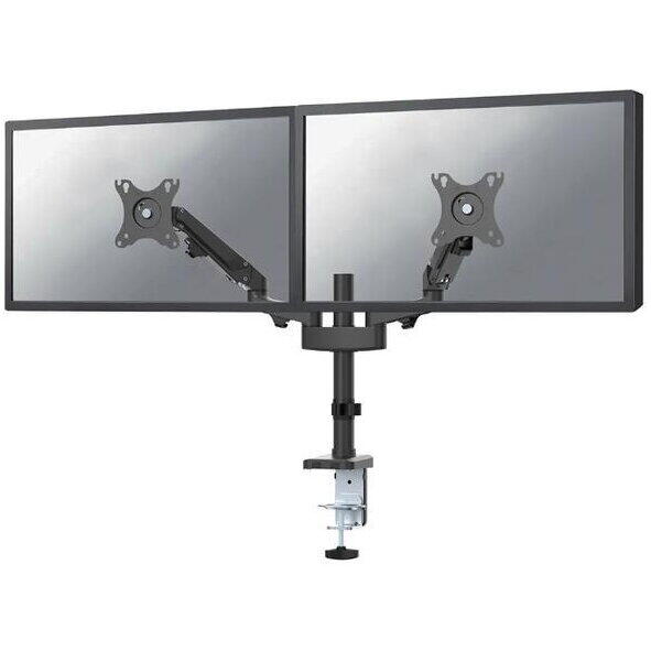 Brat de birou pentru monitor Neomounts, poate sustine 2 monitoare cu diagonala display 17-27", suporta pana la 14kg per monitor, full motion, +45°, -45° inclinatie, +90°, -90° swivel, +180°, -180° rotatie,  VESA min 75x75, VESA max 100x100, reglabil pe in