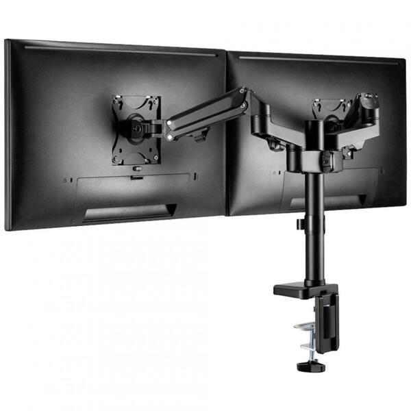 Brat de birou pentru monitor Neomounts, poate sustine 2 monitoare cu diagonala display 17-27", suporta pana la 14kg per monitor, full motion, +45°, -45° inclinatie, +90°, -90° swivel, +180°, -180° rotatie,  VESA min 75x75, VESA max 100x100, reglabil pe in