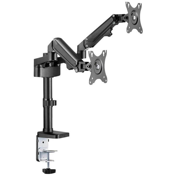 Brat de birou pentru monitor Neomounts, poate sustine 2 monitoare cu diagonala display 17-27", suporta pana la 14kg per monitor, full motion, +45°, -45° inclinatie, +90°, -90° swivel, +180°, -180° rotatie,  VESA min 75x75, VESA max 100x100, reglabil pe in