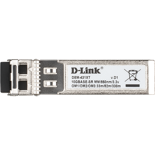 Multi Mode Fibre Transceiver (300m) D-link, DEM-431XT; Standard Compliance: IEEE-802.3ae/ 10GBASE-SR; Fibre Channel FC-PI Standard: 1200-Mx-SN-I; Speed: 10 Gbps; Duplex LC connector; Single-direction; Wavelength: 850 nm; Power/ Maximum Input Current: 3.3