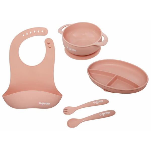 Set diversificare 5 piese silicon : baveta, bol, farfurie, lingurita si furculita, roz, U-Grow