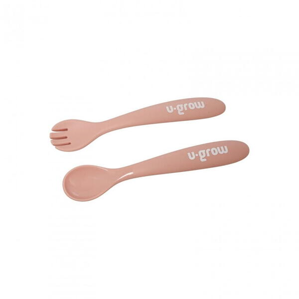 Set diversificare 5 piese silicon : baveta, bol, farfurie, lingurita si furculita, roz, U-Grow
