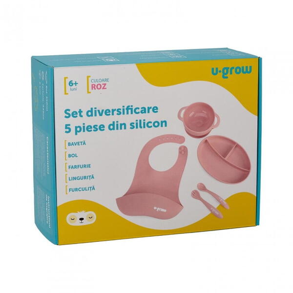 Set diversificare 5 piese silicon : baveta, bol, farfurie, lingurita si furculita, roz, U-Grow