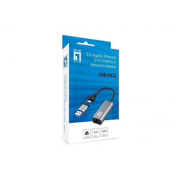 LevelOne USB-0423  2.5 Gigabit Ethernet 2-in-1 USB-C/A Network Adapter, 59 x 25 x 14 mm