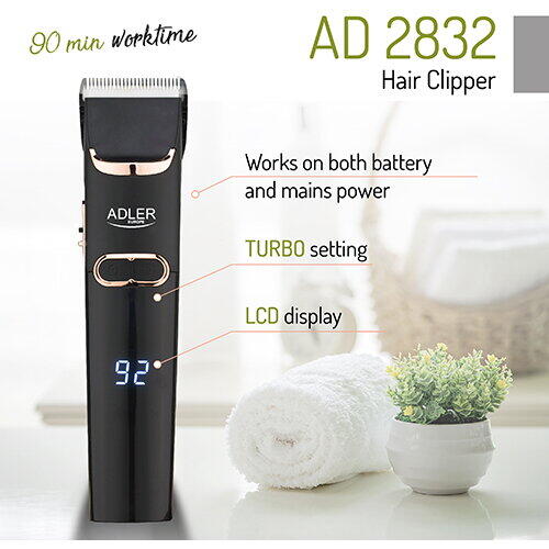 Masina de tuns Adler AD 2832, 40W, LCD, 4 atasamente, TURBO, Autonomie 1.5 ore, negru/auriu