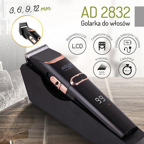 Masina de tuns Adler AD 2832, 40W, LCD, 4 atasamente, TURBO, Autonomie 1.5 ore, negru/auriu