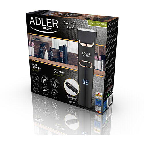 Masina de tuns Adler AD 2832, 40W, LCD, 4 atasamente, TURBO, Autonomie 1.5 ore, negru/auriu