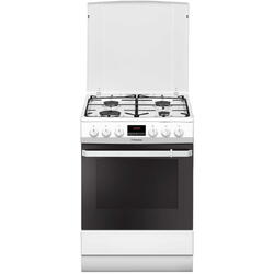 Aragaz mixt Hansa FCMW68299, cuptor electric, 60 cm, 4 arzatoare, display, 8 functii, grill, ventilator, sertar depozitare, aprindere electrica, siguranta, capac email, 62 L, clasa A, alb