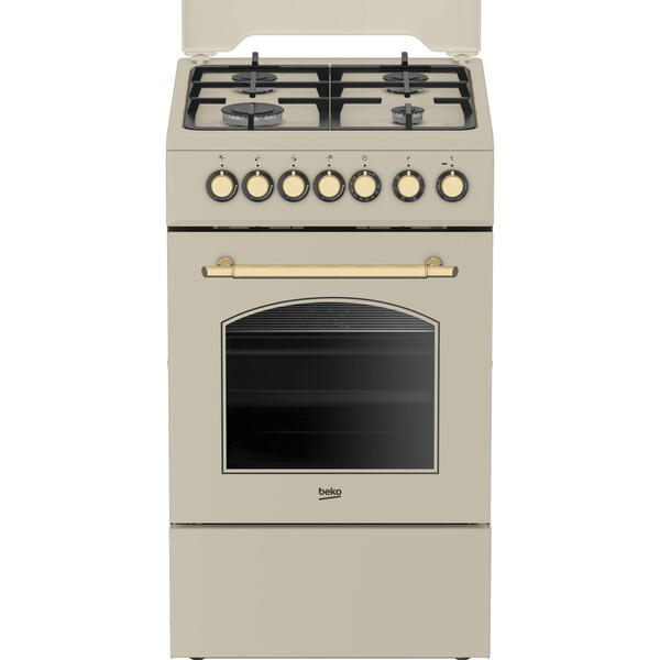 Aragaz Beko FSE52135DCRSN, Gaz, 4 arzatoare, volum cuptor 60 L, High Efficiency Gas Burner, Timer, aprindere electrica, SteamShine, 50 cm, Crem